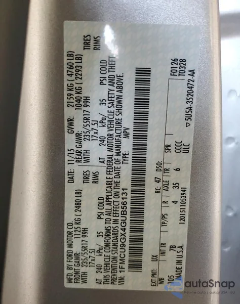 2016 Ford Escape Se from USA, damaged, VIN 1FMCU9GX4GUB56131